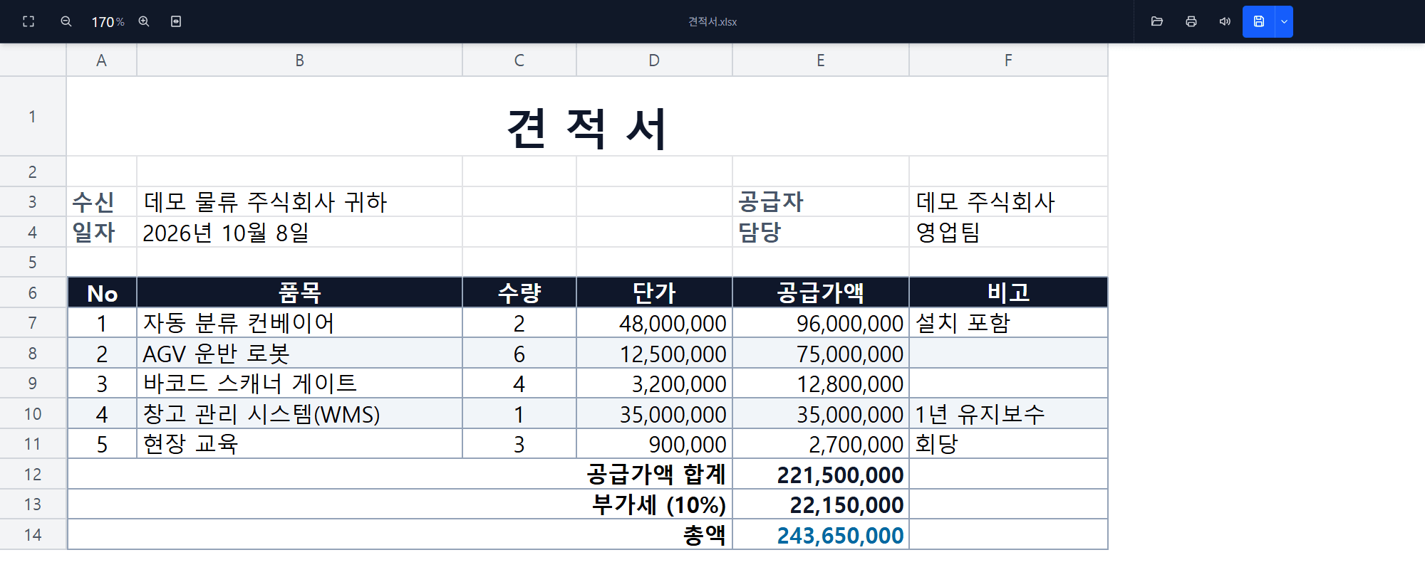 An Excel quote with its fonts, fills, borders, merged cells and number formats