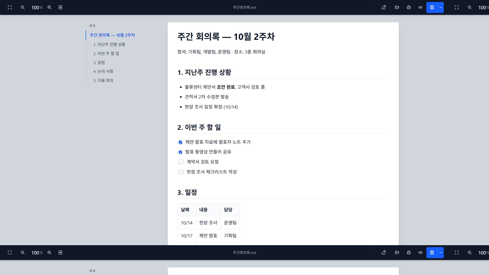A Markdown note rendered with a contents rail, a task list and a table