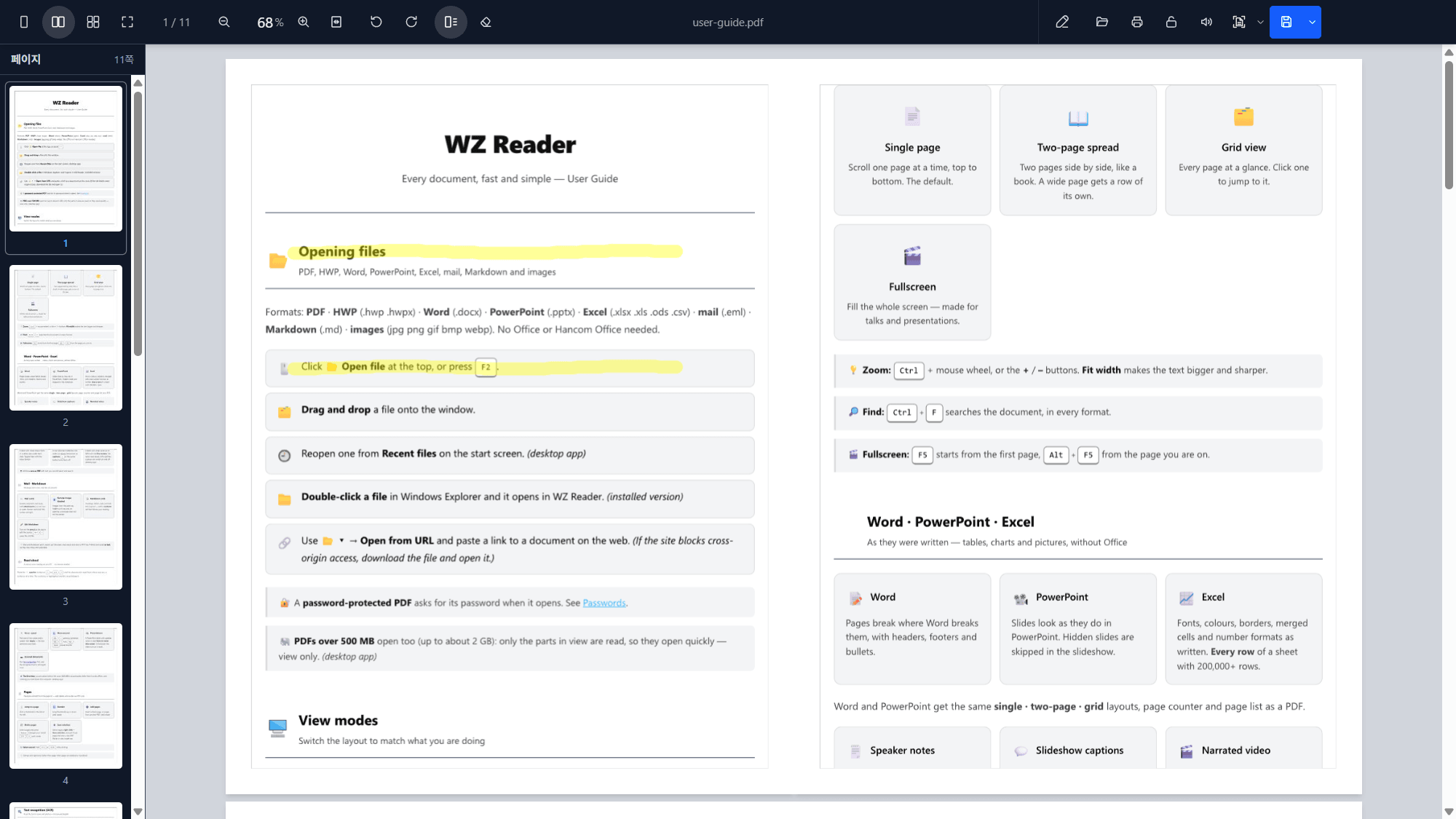 A PDF in two-page view with the page list and yellow highlighter strokes